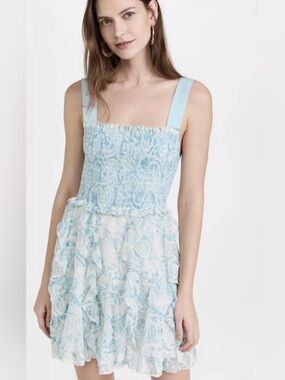 ALICE + OLIVIA Jocelyn Smocked Mini Dress Blue Off White Eyelet Ruffle Sz 12
